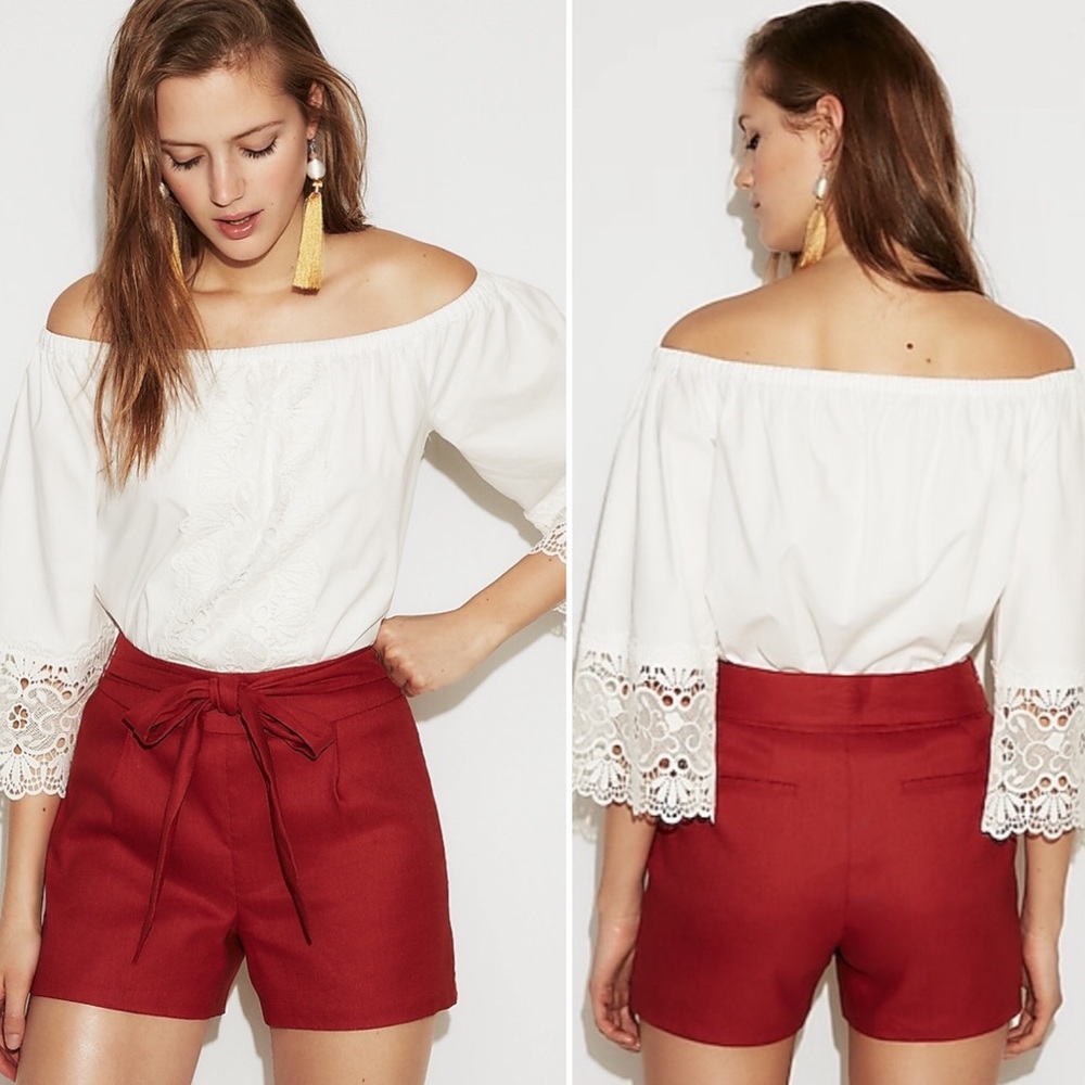 Express High Rise Midi Tie Rust Linen-Blend Shorts